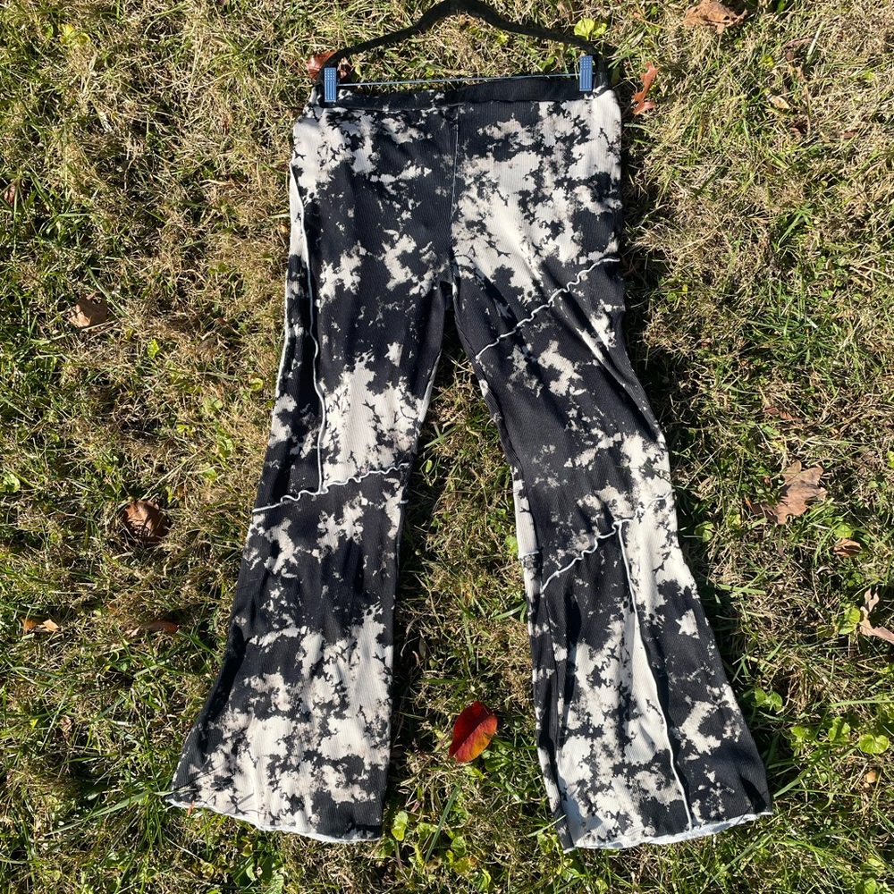 ASOS Design Tie-Dye Black and White Flare Pants Raw Edge Exposed Seams